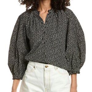 THE GREAT. Black and White Ditsy Puff-Sleeve Blouse